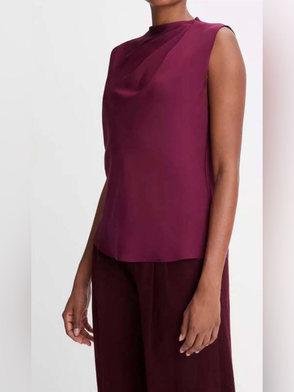 Vince Silk Sleeveless Draped Cascade Blouse in Cherry Wine Size XL